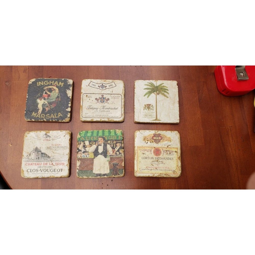 Set of 6 Travertine Stone, 4” Drink Coasters, Cork Backed. Natural Stone